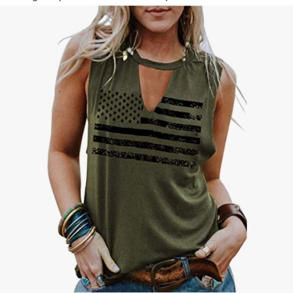 Olive Green Sleeveless Top with Black Flag Design